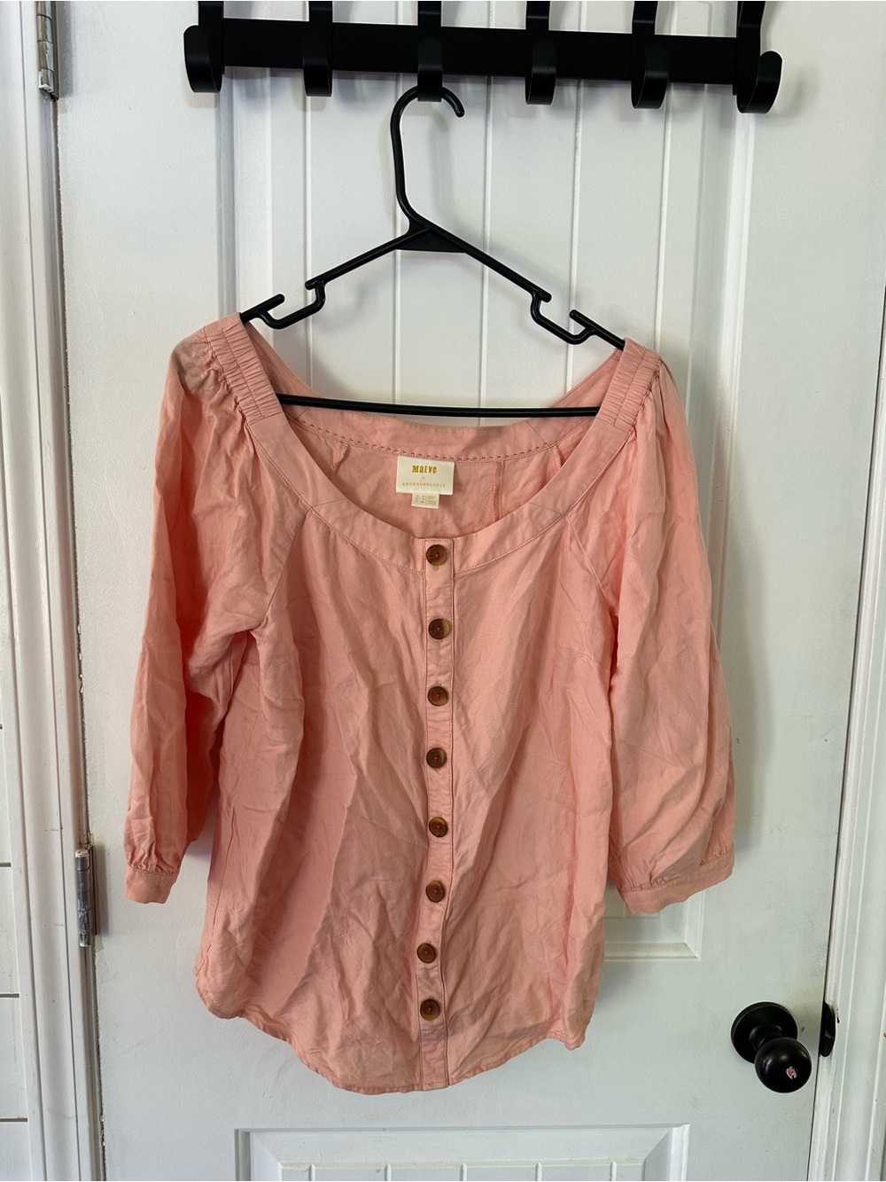 Anthropologie Alanis Linen Blend Boat Neck Button Up Shirt in peach.